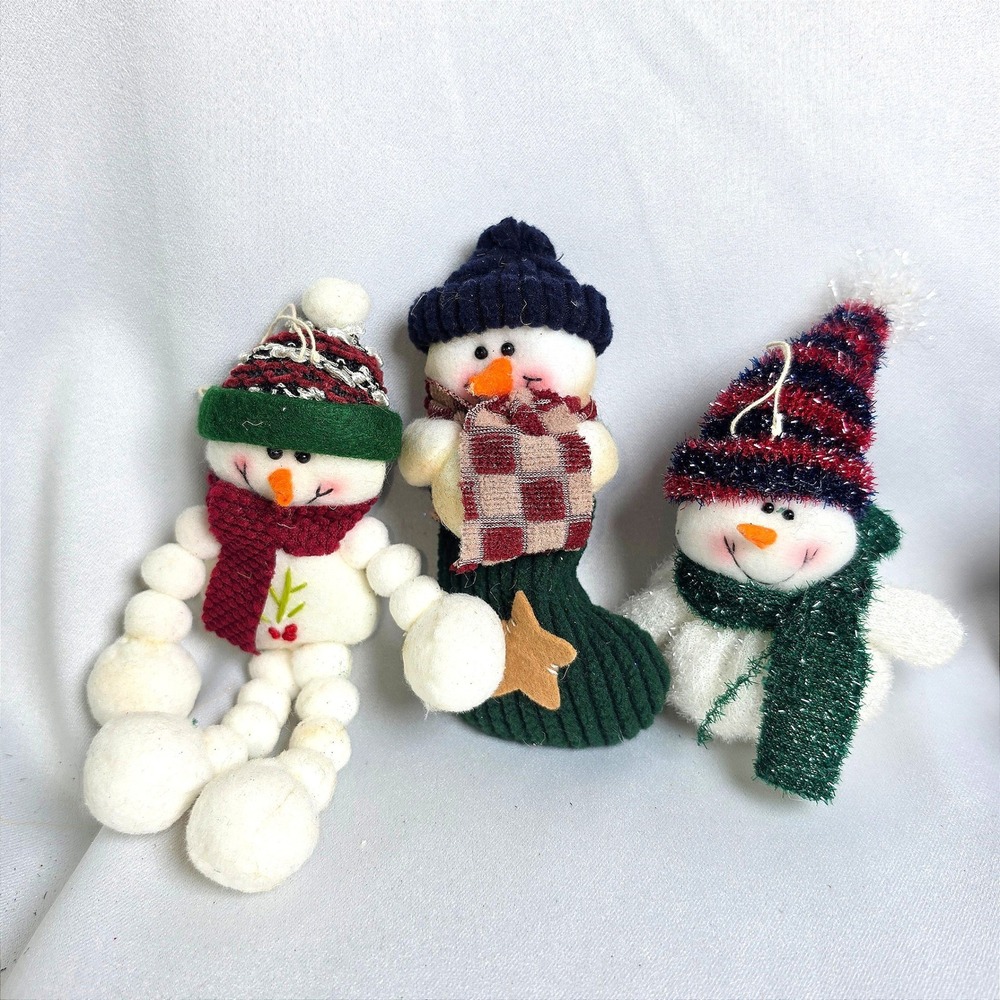 Lot of 3 Plush Snowman Christmas Ornaments Knit Hats Stocking Winter Decor Set
